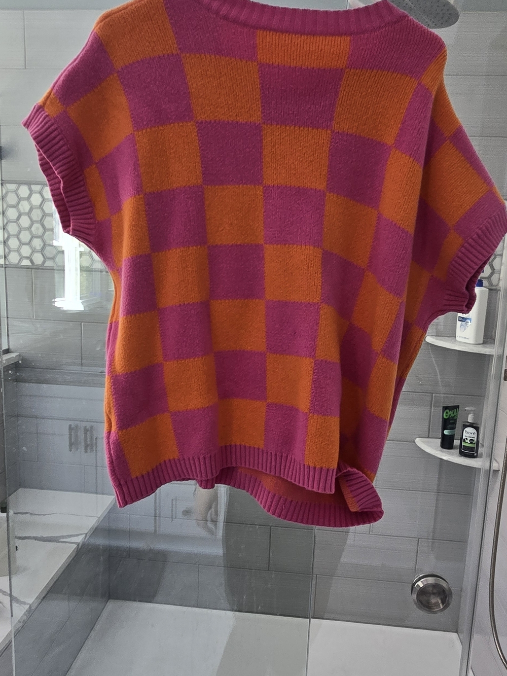 Checkerboard Crewneck Sweater Vest in Pink and Orange